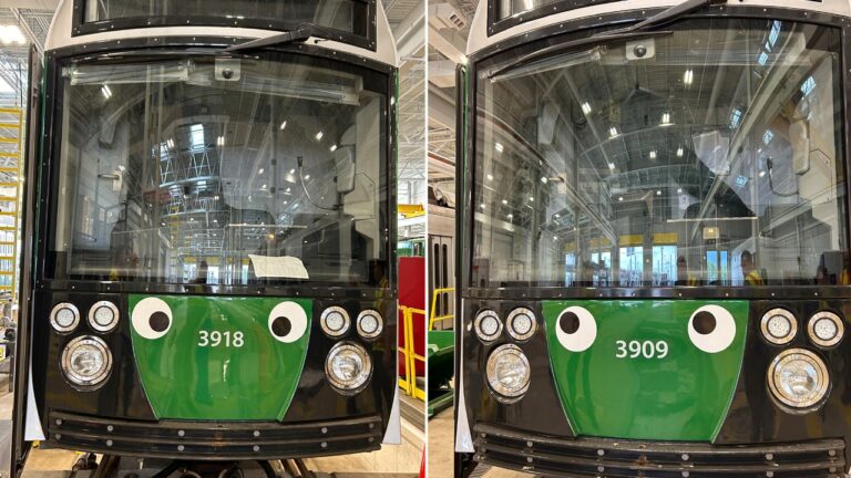 googly eyed MBTA trains